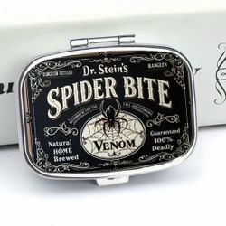 🕷️New! Mirrored Metal 2 Compartment Pill Organizer Spider Bite Compact Jewelry Holder