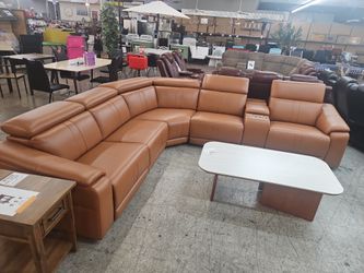 Power Reclining Sectional Sofa with Console，5 Seats Leather Sectional Couch Living Room Set L Shaped Couch with Cup Holders/USB Charging/Manual Adjust