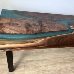 Live Edge Epoxy River Table – Walnut + Teal Resin | Black Steel Legs