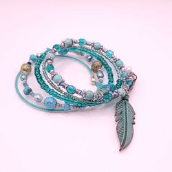 Turquoise Beaded Wrap Bracelet W/ Feather Charm