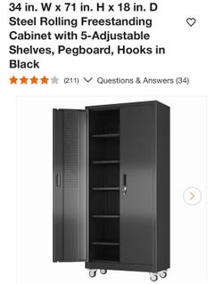 34 in. W x 71 in. H x 18 in. D Steel Rolling Freestanding Cabinet with 5-Adjustable Shelves, Pegboard, Hooks in Black