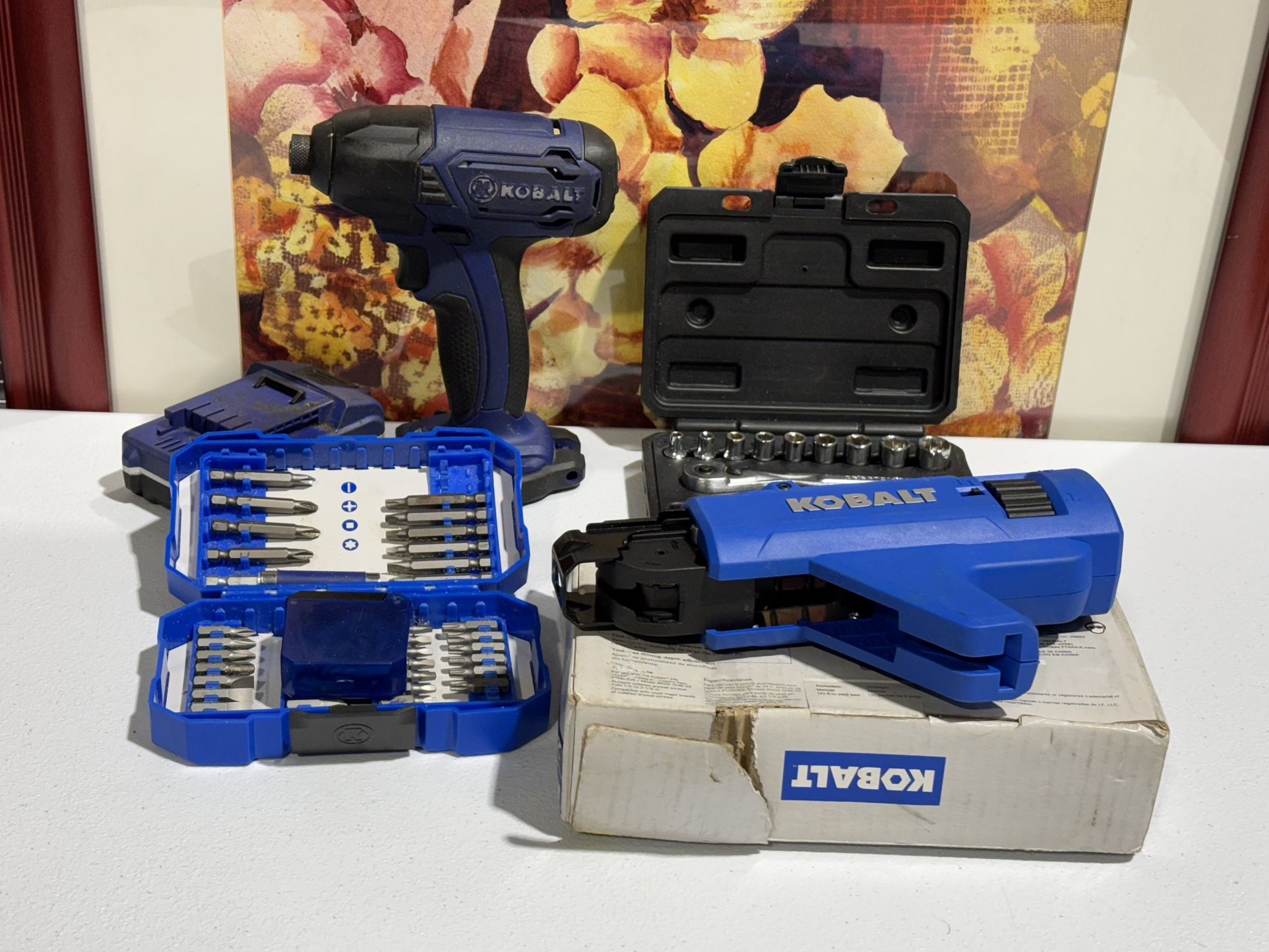 Lot of Kobalt Impact Driver, Kobalt ScrewGun, Craftsman Socket Wrench Set, Kobalt Bit Set