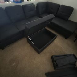 Black Faux Leather L Shaped Couch w/ Storage Ottoman 