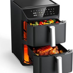 Dual Basket Air Fryer, 12.6QT Family-Size for 10–12 People, XL Basket for 6LB Whole Chicken, DoubleStack Compact Design, 10-in-1 Functions with Reheat