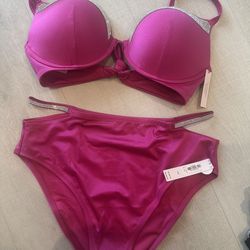 New— Very Sexy Shine Trim Push-Up Bikini Top 32DD & Swim Bottoms Size M With tags 