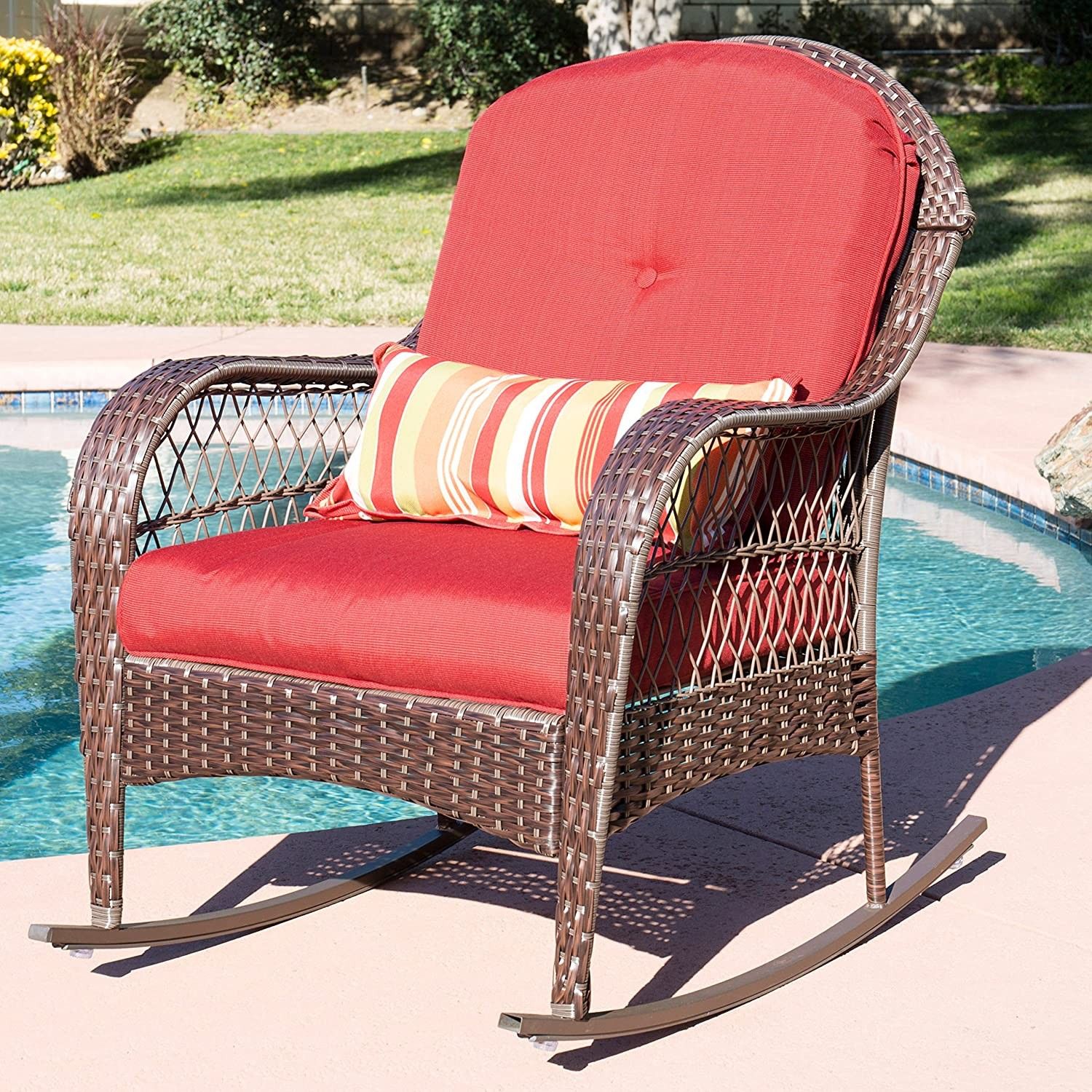 Red Rocking Chair with Steel Frame, Weather-Resistant Cushions