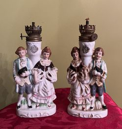 Vintage 2 Colonial Oil Lamps Occupied Japan Rare Find Porcelain Need Cleaning