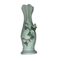 Vintage Hand Painted Flower Vase Porcelain Raised 3D Pink Rose Bud Leaves China