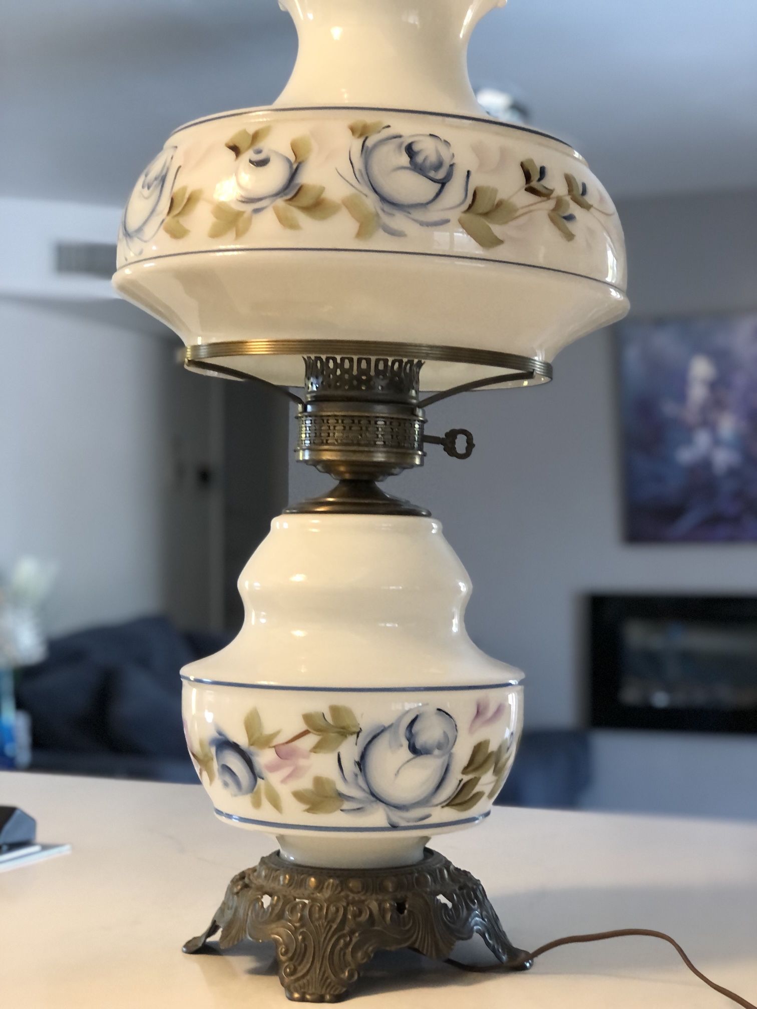 . Vintage Large Hurricane Table Lamp. Handpainted three-way lighting 26 inches tall by 14 Wide