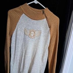 Women's Harley Davidson Gold & White Pullover Sweater With Neck Zipper 