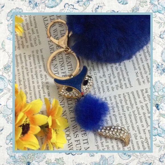 BLUE FURBALL BLING FOX KEYCHAIN GOLD CLASP CAT RHINESTONE DIAMOND POMPOM GIFT PRESENT FUR SOFT CUTE PRETTY UNIQUE STYLES BOUTIQUE CUSTOM