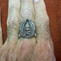 Sterling silver biker ring with wings and skull