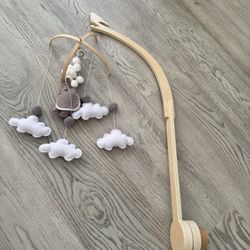 Baby Nursery Decor, Elephant Mobile And Wooden Mobile Arm