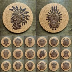 Aztec Head Designs Laser Engraved Cork Coasters Lot of 20