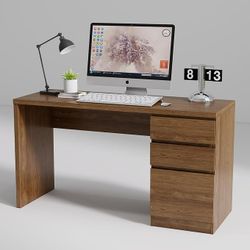 FUNKOCO White Computer Desk with 3 Drawer - 53 Inch Wooden Home Office Writing Desk with Storage