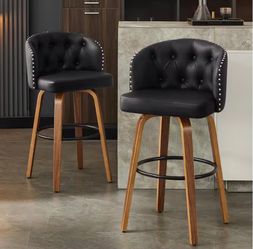 (Set of 2) Black Faux Leather Upholstered Wood Frame 25.5 in. Swivel Counter Height Bar Stool