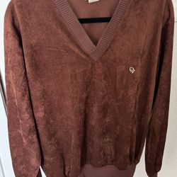 VINTAGE 80’s CHRISTIAN DIOR BROWN VELOUR V-NECK PULLOVER LARGE 