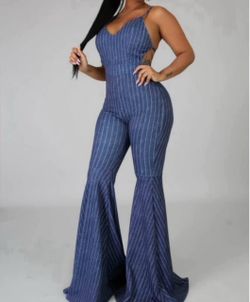 Women’s Goodtimeusa Brand Blue & White Striped Bae Jumpsuit Size Medium