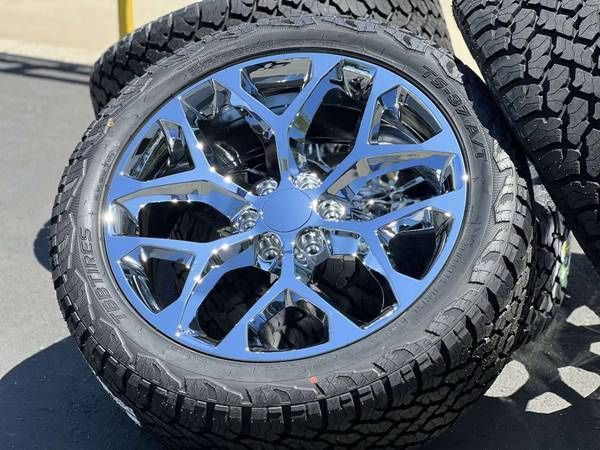 NEW CHROME 22” Wheels Rims Tires GMC Sierra Yukon Denali Chevy Silverado 1500 Tahoe Suburban Avalanche Chevrolet 22 Inch Snowflakes