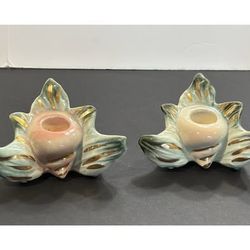 Vintage Hull Pottery Ebb Tide Candle Holders Pair Pink & Cream Gold Trim