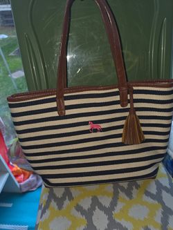 Striped Woven Tote Bag with Tassel