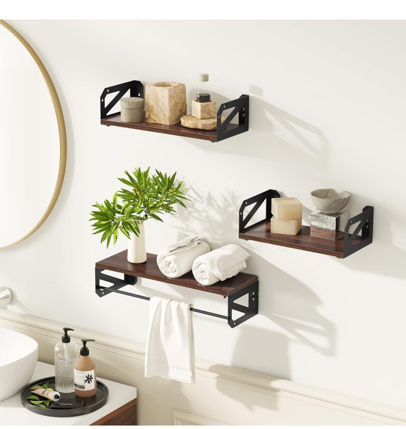 FITUEYES Floating Shelves Wall Mounted Storage Shelf Set of 3 for Living Room Bedroom, Rustic Brown Wood Hanging Shelves for Bathroom, Kitchen