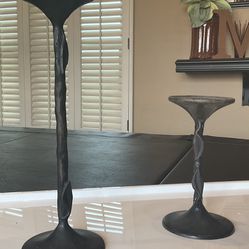 Wrought Iron Dark Bronze Color Pillar Candle Holder Set (2) - 7 inches And 12 Inches Tall