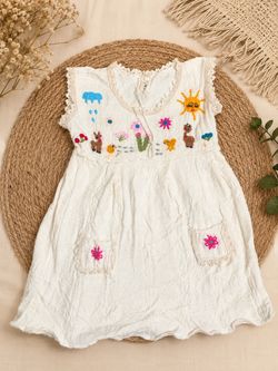 Girls White Embroidered Sleeveless Dress