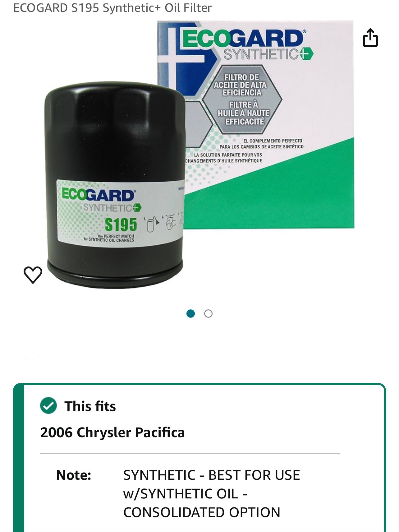 S195 Ecogard synthetic oil filter (list of vehicles in description)