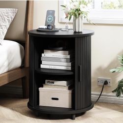 Round End Table with Charging Station, Mid Century Bedside Table with Sliding Door & 2 Tier Storage, Mid-Century Modern Nightstand for Living Room, Ho