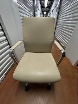 Beige Leather Office Chair with Chrome Arms