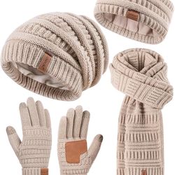 Winter Beanie Hat Scarf Gloves Set for Women, Pom Pom Beanie Fleece Lined Knit Neck Warmer Touchscreen Gloves 3 in 1 Gift Set