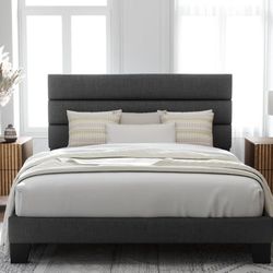 BRAND NEW 
Allewie Full Size Platform Bed Frame with Fabric Fully Upholsteredand Wooden Slats Support, Dark Grey

