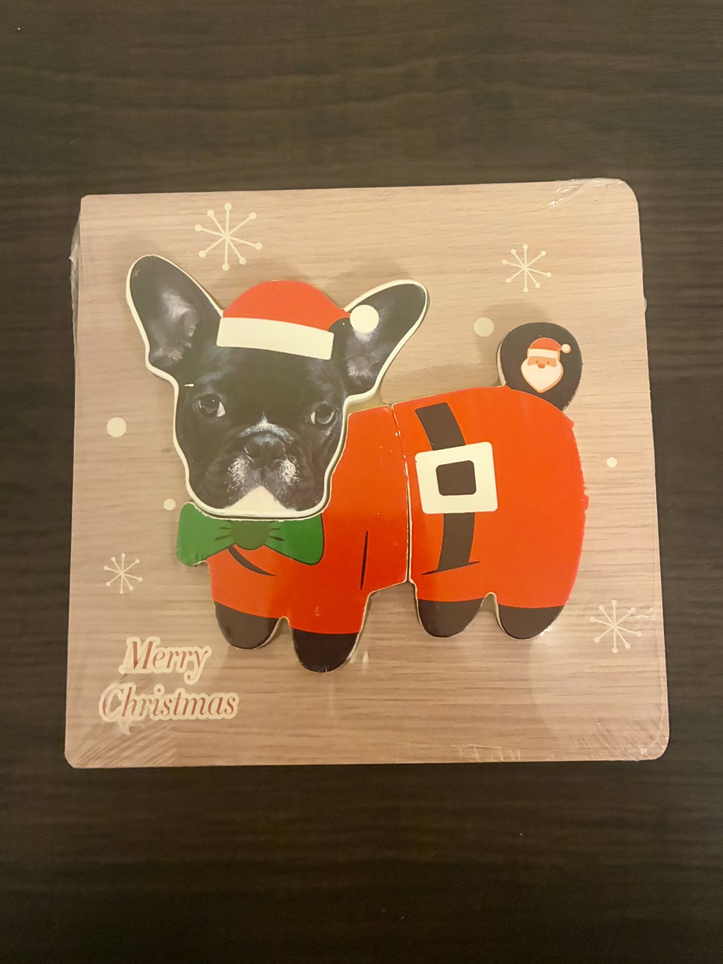 Merry Christmas Black French Bull Dog Easy Wooden Jigsaw Puzzle Stocking Stuffer