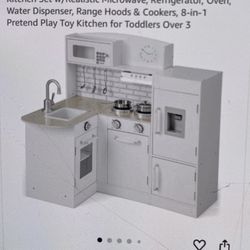 HOMG Corner Kids Kitchen Playset, Wooden Play Kitchen Set w/Realistic Microwave, Refrigerator, Oven, Water Dispenser, Range Hoods & Cookers, 8-in-1 Pr