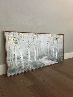 BRAND NEW 48x24 LARGE Wood Framed Neutral Colored Textured Birch Trees w/ Gold Leaves Canvas Artwork