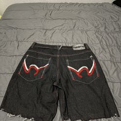 5ive Jungle Denim & Co Jean Shorts, Men 38 Black Red Embroidered Y2K Baggy Retro