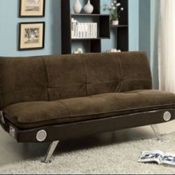 Brand New Brown Futon Sofa Sleeper w Blue Tooth Speakers