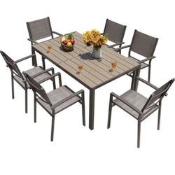 7 Pieces Patio Dining Set Outdoor Furniture with 6 Stackable Textilene Chairs and Large Table for Ya