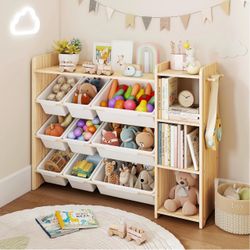 Kids Toy Storage Organizer With Bookshelf, Light Wood Color & White