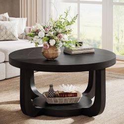 NEW Round Coffee Table Black 2-Tier Modern with Storage 