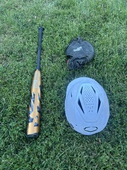 Baseball Package. Demarini Zoa 33 Bat, Left Hand first Base Glove, Batting Helmet