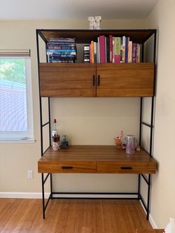 Mid-Century Modern Industrial Wood and Metal Desk with Hutch