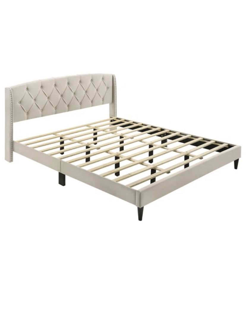 Beige king size bed velvet soft headboard White dresser included. Put it together but it doesn’t fit my room