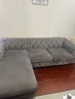 LARGE GRAY TUFTED SECTIONAL WITH CHAISE – $350 OBO