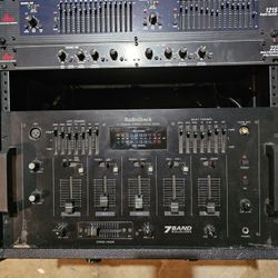 DBX Equalizer & 3 Way Crossover Two Crown Amps with a Rack Rider Power Conditioner Light Module and a Radio Shack Stero Sound Mixer in Gator Case