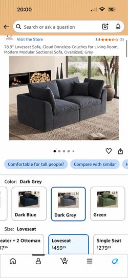 Brand New Unopened Cloud Boneless Loveseat Sofa - 79” Oversized Deep Seat Couch - Dark Grey