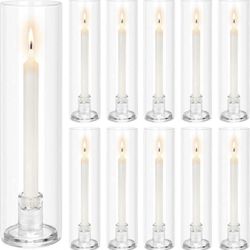 Hurricane Glass Candle Holders: 10 Pcs Candlestick Holder for Taper Candles with Cylinder Covers 11.8 inch Tall Windproof Clear Candlesticks Holder St