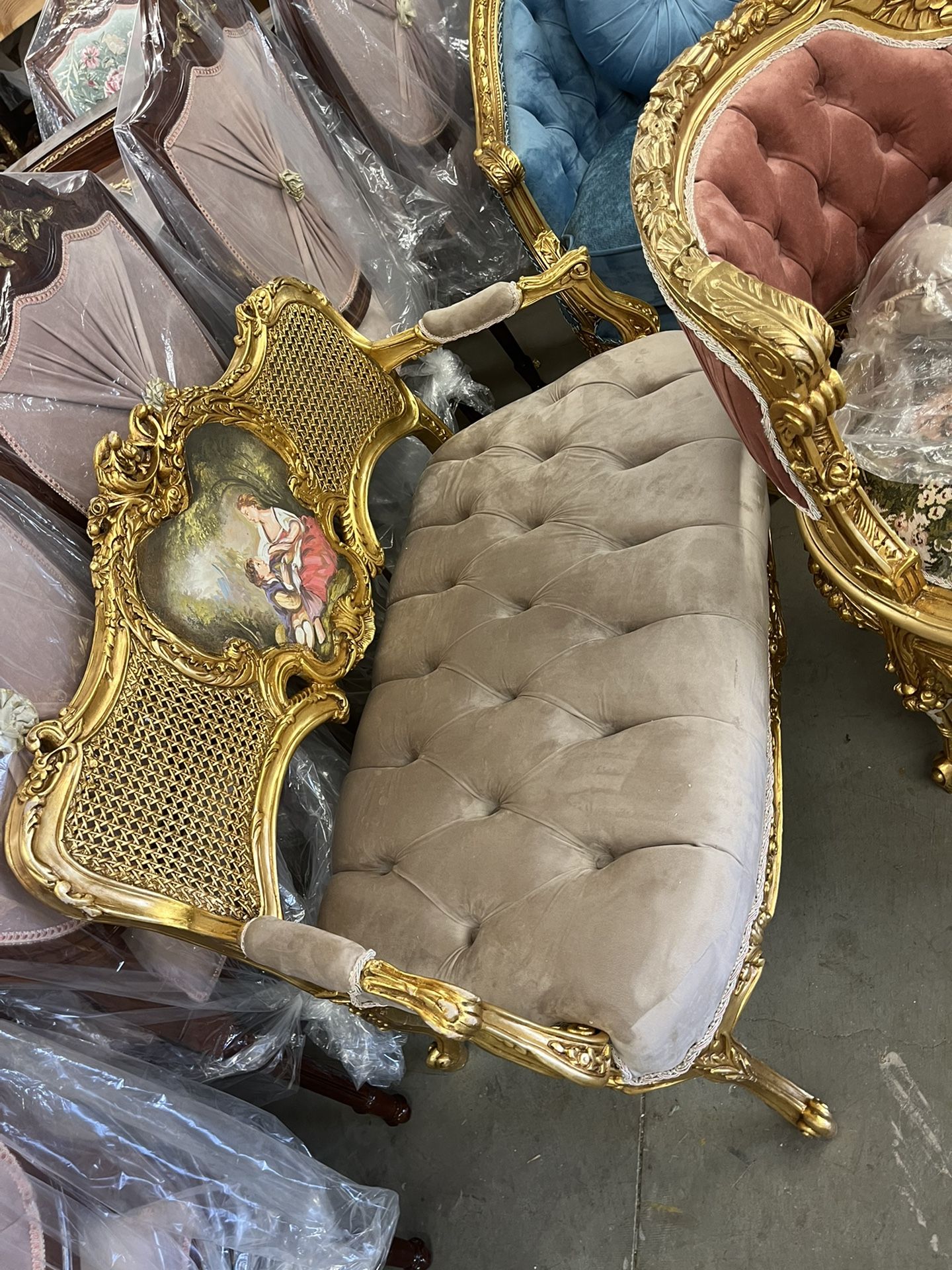 Beautiful French Couch With Gold Leaf And Tapestry’s We import