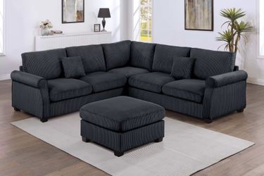 New! Black Sectional Sofa And Ottoman, Black Couch, Black Corduroy Sectional. L-Shaped Sofa, Couch, Sectionals, Black Sofa, Black Sectional,Plush Sofa